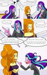 Size: 2000x3200 | Tagged: safe, artist:jake heritagu, character:adagio dazzle, character:aria blaze, comic:aria's archives, my little pony:equestria girls, alcohol, alcoholism, beer, clothing, comic, dialogue, female, grimdark series, hangover, hoodie, questionable series, refrigerator, speech bubble