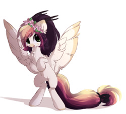 Size: 1024x930 | Tagged: safe, artist:little-sketches, oc, oc:ayaka, species:pegasus, species:pony, alternate design, eye clipping through hair, female, floral head wreath, flower, mare, ponified, simple background, solo, species swap, white background