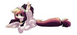 Size: 1280x593 | Tagged: safe, artist:little-sketches, oc, oc:ayaka, species:pegasus, species:pony, alternate design, eye clipping through hair, female, floral head wreath, flower, mare, ponified, solo, species swap