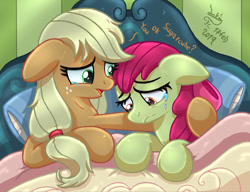 Size: 1170x900 | Tagged: safe, artist:joakaha, character:apple bloom, character:applejack, species:earth pony, species:pony, bed, bedroom, comforting, crying, dialogue, female, floppy ears, open mouth, pillow, question, sad, siblings, sisters, wavy mouth