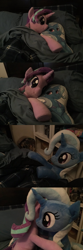 Size: 1200x3600 | Tagged: safe, artist:nekokevin, character:starlight glimmer, character:trixie, species:pony, species:unicorn, series:nekokevin's glimmy, bed, bedsheets, body pillow, comic, duo, female, holding, hug, irl, lying down, mare, photo, pillow, plushie, smiling