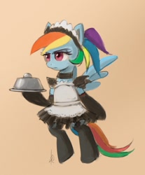 Size: 658x794 | Tagged: safe, artist:grissaecrim, character:rainbow dash, species:pegasus, species:pony, bipedal, clothing, costume, female, food, maid, mare, signature, simple background, solo, waitress
