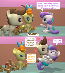 Size: 1920x2160 | Tagged: safe, artist:red4567, character:pound cake, character:princess flurry heart, character:pumpkin cake, species:pony, ship:poundflurry, 3d, alternate scenario, baby, baby ponies, baby pony, blocks, comic, exclamation point, female, foal romance, heart, holding a pony, interrobang, male, pepe le pew, pumpkin cake is not amused, question mark, shipping, source filmmaker, straight, unamused