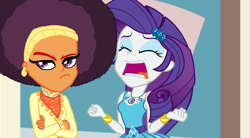 Size: 1278x703 | Tagged: safe, artist:ktd1993, edit, edited screencap, screencap, character:rarity, character:saffron masala, episode:display of affection, g4, my little pony: equestria girls, my little pony:equestria girls, afro, alternate hairstyle, equestria girls-ified, female, geode of shielding, lesbian, magical geodes, raffron, shipping
