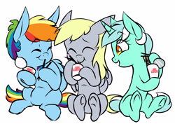 Size: 3816x2704 | Tagged: safe, artist:chub-wub, character:derpy hooves, character:lyra heartstrings, character:rainbow dash, species:pegasus, species:pony, species:unicorn, blushing, chopsticks, cup, cute, dashabetes, derpabetes, eating, eyes closed, female, food, lyrabetes, mare, noodles, open mouth, simple background, sitting, smiling, white background