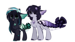 Size: 1280x715 | Tagged: safe, artist:little-sketches, oc, oc only, oc:naomi, oc:takao, species:pony, chibi, closed species, eye clipping through hair, male, original species, simple background, suisei pony, white background