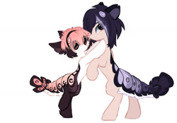 Size: 1280x890 | Tagged: safe, artist:little-sketches, oc, oc only, oc:shuji, oc:sky, species:pony, bipedal, bipedal leaning, chibi, closed species, eye clipping through hair, female, leaning, male, original species, simple background, suisei pony, white background