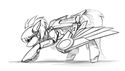 Size: 2400x1364 | Tagged: safe, artist:underpable, character:cloudchaser, species:pegasus, species:pony, female, mare, monochrome, robot, robot pony, roboticization, simple background, sketch, solo, traditional art, white background