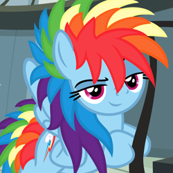 Size: 2880x2880 | Tagged: safe, artist:beavernator, character:rainbow dash, species:pegasus, species:pony, episode:daring done, alternate hairstyle, big hair, bipedal, bipedal leaning, female, leaning, lidded eyes, looking at you, mare, messy mane, raised eyebrow, show accurate, smiling, smirk, solo, spread wings, wings