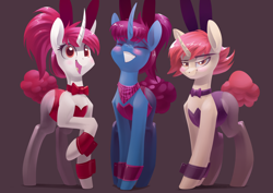 Size: 3508x2480 | Tagged: safe, artist:underpable, oc, oc only, oc:altus bastion, oc:ruby, oc:specialist sunflower, species:pony, species:unicorn, bandana, blushing, bow tie, bunny ears, bunny suit, clothing, cuffs (clothes), cute, eyes closed, female, leotard, looking at you, mare, necktie, open mouth, pantyhose, playboy bunny, purple background, raised hoof, simple background, smiling, smirk, trio