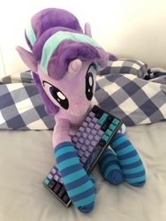 Size: 768x1024 | Tagged: safe, artist:nekokevin, character:starlight glimmer, species:pony, species:unicorn, series:nekokevin's glimmy, bed, bedsheets, clothing, female, holding, irl, keyboard, mare, photo, pillow, plushie, sitting, socks, solo, striped socks