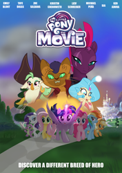 Size: 1528x2158 | Tagged: safe, artist:ejlightning007arts, character:applejack, character:capper dapperpaws, character:captain celaeno, character:fluttershy, character:pinkie pie, character:princess skystar, character:rainbow dash, character:rarity, character:spike, character:tempest shadow, character:twilight sparkle, character:twilight sparkle (alicorn), species:abyssinian, species:alicorn, species:anthro, species:earth pony, species:pegasus, species:pony, species:seapony (g4), species:unicorn, my little pony: the movie (2017), amputee, anthro with ponies, beauty mark, canterlot, clothing, coat, cowboy hat, ear piercing, earring, female, hat, jewelry, male, mane six, mare, movie poster, piercing, pirate hat, poster, prosthetic limb, prosthetics, sunrise