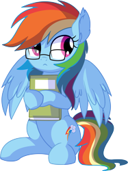 Size: 5837x7824 | Tagged: safe, artist:cyanlightning, character:rainbow dash, species:pegasus, species:pony, .svg available, absurd resolution, book, cute, dashabetes, dork, ear fluff, female, glasses, mare, nerd, rainbow dork, simple background, sitting, smiling, solo, spread wings, transparent background, vector, wings