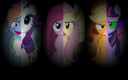 Size: 1788x1125 | Tagged: safe, artist:zacatron94, part of a set, character:applejack, character:flutterbat, character:fluttershy, character:pinkie pie, character:rainbow dash, character:rarity, character:twilight sparkle, character:twilight sparkle (alicorn), species:alicorn, species:bat, species:bat pony, species:pony, bat ponified, bat wings, clothing, corrupted, corrupted twilight sparkle, corruption is magic, creepypasta, cutie mark, evil, evil grin, fangs, frown, grin, mane six, part of a series, pinkamena diane pie creepypasta, race swap, rainbow factory dash, smiling, sombra eyes, split screen, wallpaper, wings