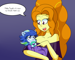 Size: 1000x800 | Tagged: safe, artist:jake heritagu, character:adagio dazzle, oc, oc:sparkling sapphire, parent:sci-twi, parent:sunset shimmer, parents:scitwishimmer, comic:aria's archives, comic:rise, series:sciset diary, my little pony:equestria girls, baby, chewing, clothing, dialogue, dress, eating, female, first time, grimdark series, holding, holding a human, looking at each other, magical lesbian spawn, offspring, onesie, open mouth, pattern, pony ears, questionable series, speech bubble, stars, talking, teething ring, tickling, woman