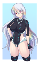 Size: 2419x3884 | Tagged: safe, artist:thebrokencog, character:rainbow dash, oc, oc:lunar rainbow, species:human, series:nightmare war, alternate hairstyle, alternate universe, big breasts, breasts, busty rainbow dash, clothing, collar, corrupted, curvy, gloves, hourglass figure, humanized, implied rainbow dash, leotard, long hair, looking at you, skintight clothes, smiling