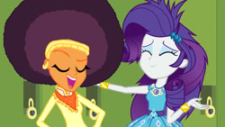 Size: 1280x720 | Tagged: safe, artist:ktd1993, edit, edited screencap, screencap, character:rarity, character:saffron masala, episode:best trends forever, g4, my little pony: equestria girls, my little pony:equestria girls, afro, best trends forever: pinkie pie, equestria girls-ified, female, geode of shielding, lesbian, magical geodes, raffron, shipping