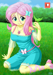 Size: 707x1000 | Tagged: safe, artist:uotapo, character:fluttershy, species:bird, g4, my little pony: equestria girls, my little pony:equestria girls, beautiful, breasts, cleavage, clothing, cute, female, geode of fauna, grass, kneeling, looking at you, magical geodes, patreon, patreon logo, shyabetes, smiling, sweet dreams fuel, uotapo is trying to murder us, uotapo will kill us all