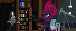 Size: 6856x2859 | Tagged: safe, artist:ejlightning007arts, character:gallus, character:silverstream, character:tempest shadow, army of darkness, candle, crossover, escape from new york, eyepatch, gun, library, snake plissken, weapon, zootopia