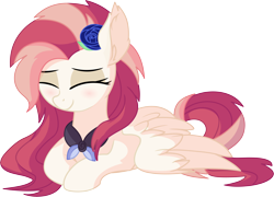 Size: 8040x5785 | Tagged: safe, artist:aureai-sketches, artist:cyanlightning, oc, oc only, oc:aureai, species:pegasus, species:pony, .svg available, absurd resolution, blushing, clothing, ear fluff, eyes closed, female, flower, flower in hair, happy, mare, prone, rose, scarf, simple background, sitting, smiling, solo, spread wings, transparent background, vector, wings
