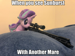 Size: 2048x1536 | Tagged: safe, artist:nekokevin, artist:yaop, edit, character:starlight glimmer, species:pony, species:unicorn, series:nekokevin's glimmy, ar15, caption, female, gun, image macro, implied starburst, irl, male, mare, photo, plushie, snipelight glimmer, text, this will end in gulag, weapon, yandere, yandere glimmer