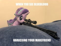 Size: 4032x3024 | Tagged: safe, artist:nekokevin, artist:yaop, edit, editor:genericarchangel, character:starlight glimmer, species:pony, series:nekokevin's glimmy, caption, exploitable meme, gun, image macro, implied blueblood, implied lesbian, implied shipping, implied startrix, implied trixie, irl, meme, photo, plushie, snipelight glimmer, solo, text, this will end in gulag, weapon