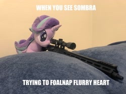 Size: 4032x3024 | Tagged: safe, artist:nekokevin, artist:yaop, edit, editor:genericarchangel, character:starlight glimmer, species:pony, series:nekokevin's glimmy, spoiler:s09, caption, exploitable meme, gun, image macro, implied flurry heart, implied king sombra, irl, meme, photo, plushie, rifle, snipelight glimmer, solo, text, this will end in death, weapon