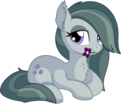 Size: 7073x6081 | Tagged: safe, artist:cyanlightning, character:marble pie, species:earth pony, species:pony, .svg available, absurd resolution, chest fluff, cute, ear fluff, female, flower, lidded eyes, looking at you, marblebetes, mare, mouth hold, prone, simple background, sitting, solo, transparent background, vector