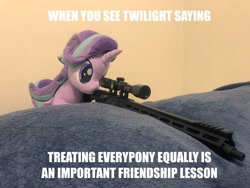 Size: 4032x3024 | Tagged: safe, artist:nekokevin, artist:yaop, edit, editor:genericarchangel, character:starlight glimmer, species:pony, series:nekokevin's glimmy, caption, equality, exploitable meme, gun, hypocrisy, image macro, implied twilight sparkle, irl, meme, photo, plushie, rifle, snipelight glimmer, sniper, sniper rifle, solo, text, this will end in communism, this will end in gulag, weapon