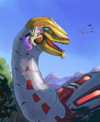 Size: 1024x1253 | Tagged: safe, artist:grissaecrim, character:fluttershy, species:bird, species:pony, crossover, dinobot, fall of cybertron, forest, mountain, sludge, sludge (transformers), transformers