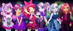 Size: 2368x1000 | Tagged: safe, artist:uotapo, character:apple bloom, character:babs seed, character:diamond tiara, character:gabby, character:scootaloo, character:silver spoon, character:sweetie belle, species:pegasus, species:pony, my little pony:equestria girls, adorababs, adorabloom, armpits, blossom (powerpuff girls), blushing, bow, catra, clothing, cosplay, costume, cute, cutealoo, cutie mark crusaders, diamondbetes, diasweetes, dress, fall formal outfits, female, freckles, gabbybetes, glasses, hair bow, hand on hip, looking at you, one eye closed, open mouth, pants, peace sign, ponytail, powerpuff girls z, ranma 1/2, shampoo (ranma 1/2), she-ra, she-ra and the princesses of power, silverbetes, skirt, smiling, suit, uotapo is trying to murder us, vest, wink