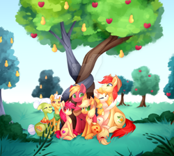 Size: 900x810 | Tagged: safe, artist:scarlet-spectrum, character:apple bloom, character:applejack, character:big mcintosh, character:bright mac, character:granny smith, character:pear butter, species:pony, episode:the perfect pear, g4, my little pony: friendship is magic, alternate scenario, apple family, apple siblings, apple sisters, apple tree, brother and sister, deviantart watermark, family, father and daughter, father and son, father and son-in-law, female, grandfather and grandchild, grandfather and granddaughter, grandfather and grandson, grandmother, grandmother and grandchild, grandmother and granddaughter, grandmother and grandson, husband and wife, intertwined trees, male, mare, mother and child, mother and daughter, mother and daughter-in-law, mother and son, obtrusive watermark, pear tree, siblings, sisters, smiling, the whole apple family, tree, watermark