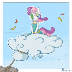 Size: 1200x1200 | Tagged: safe, artist:neko-me, character:sweetie belle, species:anthro, species:pony, species:unicorn, apple bloomers, breasts, busty sweetie belle, clothing, cloud, dress, eyes closed, female, older, sitting, solo