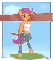 Size: 1200x1363 | Tagged: safe, artist:neko-me, character:scootaloo, species:anthro, species:pegasus, species:pony, species:unguligrade anthro, apple bloomers, axe, belly button, breasts, busty scootaloo, clothing, female, fingerless gloves, gloves, jeans, log, midriff, older, one eye closed, pants, shirt, solo, sweat, tank top, weapon