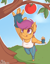 Size: 906x1152 | Tagged: safe, artist:neko-me, character:scootaloo, species:anthro, species:pegasus, species:pony, species:unguligrade anthro, apple, apple bloomers, apple tree, armpits, balancing, breasts, busty scootaloo, clothing, female, fingerless gloves, food, gloves, jeans, licking, licking lips, midriff, older, pants, reaching, shirt, solo, tank top, tongue out, tree, weapon
