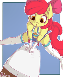 Size: 977x1200 | Tagged: safe, artist:neko-me, character:apple bloom, species:anthro, species:earth pony, species:pony, species:unguligrade anthro, action pose, apple bloomers, bandeau, belly button, bow, breasts, busty apple bloom, clothing, female, gloves, hair bow, long gloves, midriff, older, shorts, socks, solo, stockings, thigh highs
