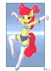 Size: 1157x1609 | Tagged: safe, artist:neko-me, character:apple bloom, species:anthro, species:earth pony, species:pony, species:unguligrade anthro, abstract background, action pose, apple bloomers, armpits, balancing, bandeau, belly button, bow, breasts, busty apple bloom, clothing, female, gloves, hair bow, long gloves, looking at you, midriff, older, shorts, solo, sports panties, stockings, thigh highs
