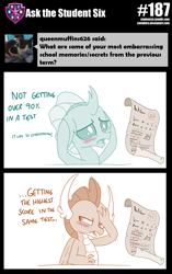 Size: 800x1271 | Tagged: safe, artist:sintakhra, character:ocellus, character:smolder, species:changeling, species:dragon, species:reformed changeling, tumblr:studentsix, blushing, embarrassed, grades, scroll, test