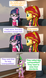 Size: 1920x3240 | Tagged: safe, artist:red4567, character:spike, character:spike (dog), character:sunset shimmer, character:twilight sparkle, character:twilight sparkle (scitwi), species:dog, species:eqg human, episode:best in show: the pre-show, g4, my little pony: equestria girls, my little pony:equestria girls, spoiler:eqg series (season 2), balancing, ball, juggling, plate
