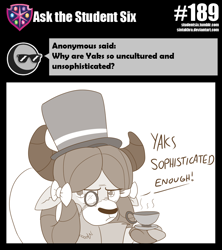 Size: 800x901 | Tagged: safe, artist:sintakhra, character:yona, species:yak, tumblr:studentsix, clothing, female, food, hat, hilarious in hindsight, monochrome, monocle, monocle and top hat, solo, sophisticated as hell, tea, top hat