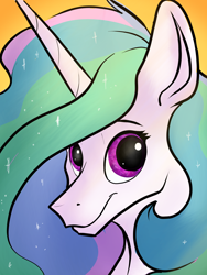 Size: 3120x4160 | Tagged: safe, artist:greyscaleart, character:princess celestia, species:alicorn, species:pony, bust, female, looking at you, mare, purple eyes, simple background, solo, yellow background