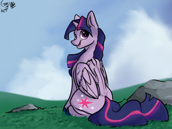 Size: 4160x3120 | Tagged: safe, artist:greyscaleart, character:twilight sparkle, character:twilight sparkle (alicorn), species:alicorn, species:pony, female, looking at you, looking back, looking back at you, mare, open mouth, rear view, sitting, smiling, solo