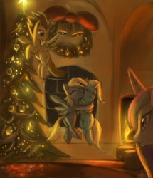 Size: 1545x1800 | Tagged: safe, artist:grissaecrim, character:derpy hooves, character:princess cadance, character:spitfire, character:trixie, species:pegasus, species:pony, bells, christmas, christmas tree, competition:derpibooru 2012, female, fire, holiday, hug, interior, mare, tree, wreath