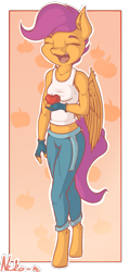 Size: 577x1200 | Tagged: safe, artist:neko-me, character:scootaloo, species:anthro, species:pegasus, species:pony, species:unguligrade anthro, apple, apple bloomers, breasts, busty scootaloo, clothing, eyes closed, female, fingerless gloves, food, gloves, mare, midriff, older, open mouth, pants, solo, tank top