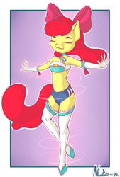 Size: 809x1200 | Tagged: safe, artist:neko-me, character:apple bloom, species:anthro, species:earth pony, species:pony, species:unguligrade anthro, abstract background, apple bloomers, armpits, balancing, bandeau, belly button, bow, breasts, busty apple bloom, clothing, eyes closed, female, gloves, hair bow, long gloves, midriff, older, shorts, solo, stockings, thigh highs