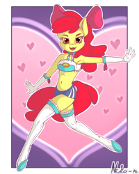 Size: 901x1125 | Tagged: safe, artist:neko-me, character:apple bloom, species:anthro, species:earth pony, species:pony, species:unguligrade anthro, abstract background, action pose, apple bloomers, armpits, bandeau, belly button, bow, breasts, busty apple bloom, clothing, female, gloves, hair bow, heart, long gloves, looking at you, midriff, older, open mouth, shorts, solo, stockings, thigh highs