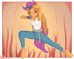 Size: 1409x1118 | Tagged: safe, artist:neko-me, character:scootaloo, species:anthro, species:pegasus, species:pony, species:unguligrade anthro, abstract background, action pose, apple bloomers, armpits, breasts, busty scootaloo, clothing, female, fingerless gloves, gloves, looking at you, martial arts, midriff, older, pants, shirt, solo, tank top