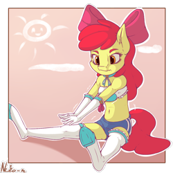 Size: 1200x1200 | Tagged: safe, artist:neko-me, character:apple bloom, species:anthro, species:earth pony, species:pony, species:unguligrade anthro, apple bloomers, bandeau, belly button, bow, breasts, busty apple bloom, clothing, female, gloves, hair bow, long gloves, midriff, older, shorts, solo, stockings, stretching, thigh highs, underhoof