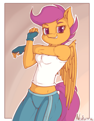 Size: 937x1200 | Tagged: safe, artist:neko-me, character:scootaloo, species:anthro, species:pegasus, species:pony, abstract background, apple bloomers, belly button, breasts, busty scootaloo, clothing, female, fingerless gloves, fit, gloves, grin, looking at you, midriff, older, pants, shirt, smiling, solo, stretching, tank top