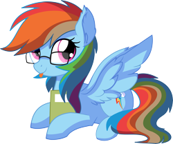 Size: 7055x5903 | Tagged: safe, artist:aureai-sketches, artist:cyanlightning, character:rainbow dash, species:pegasus, species:pony, .svg available, absurd resolution, adorkable, blep, book, cute, dashabetes, dork, ear fluff, female, glasses, mare, nerd, prone, rainbow dork, silly, simple background, sitting, smiling, solo, spread wings, tongue out, transparent background, vector, wings